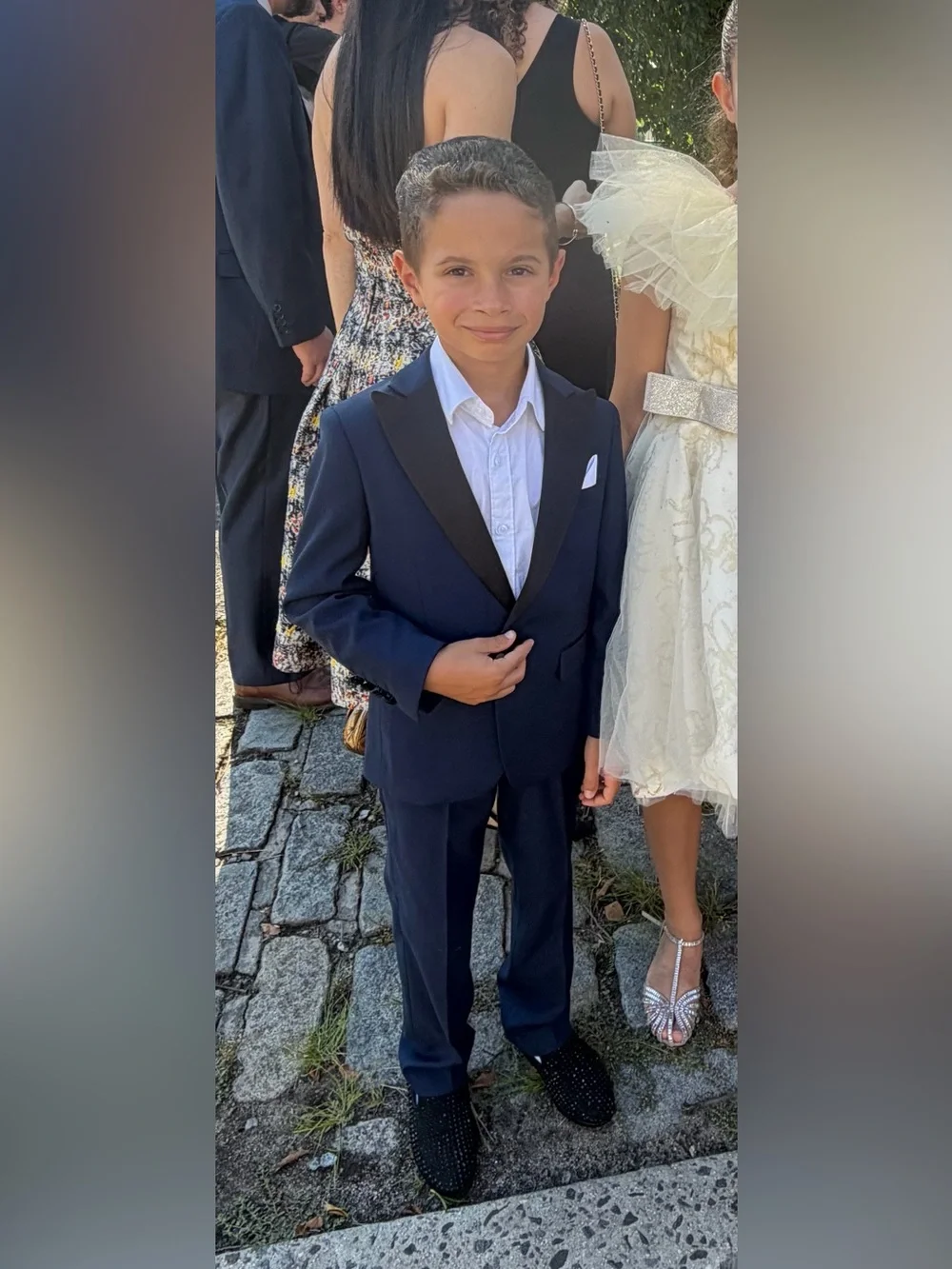 Boys Navy Formal Suit with Peak Black Satin Lapel